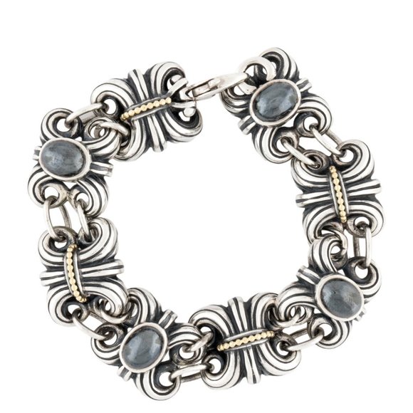 LAGOS STERLING SILVER & 18K YELLOW GOLD HEMATITE FLEUR DE LIS LINK BRACELET - Picture 2 of 10